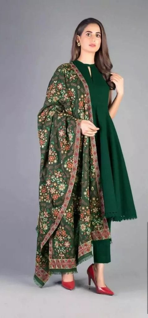 3 PC Dhanak Suit with Heavy Embroidered Dhanak Shawl-SR127