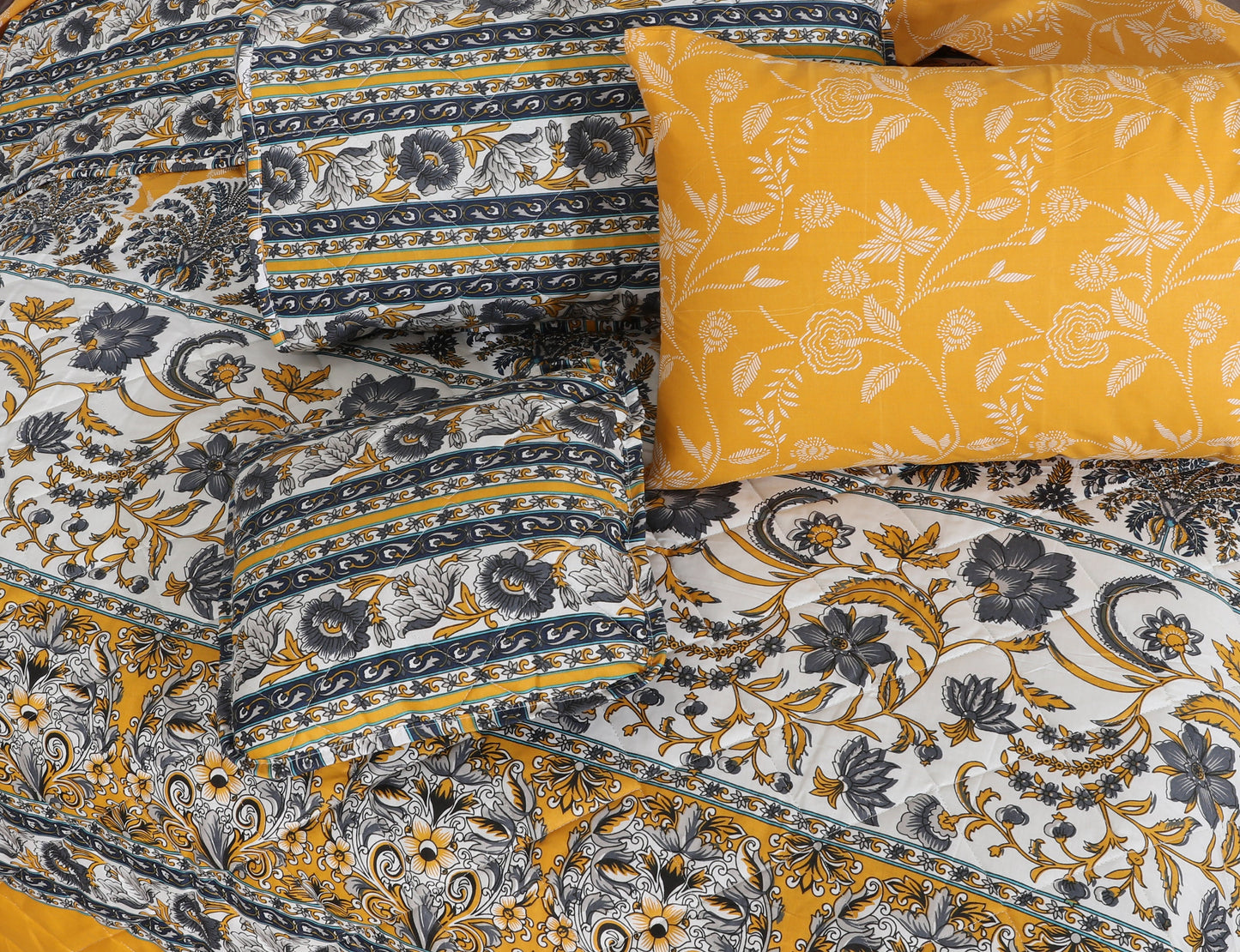 Yellow Flori- 7 pc Comforter set (Light Filling).