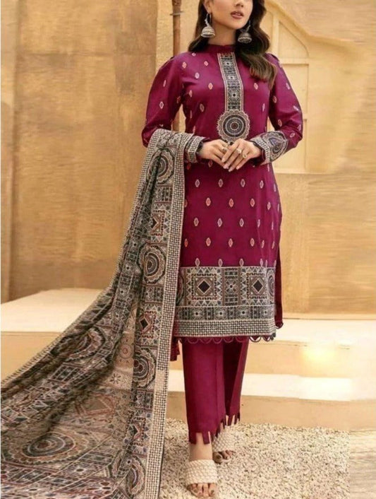 BR 565 -Heavy Embroided Dhanak 3pc unstiched with heavy shawl